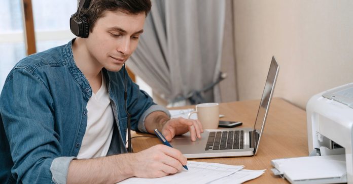 Man learning language at home